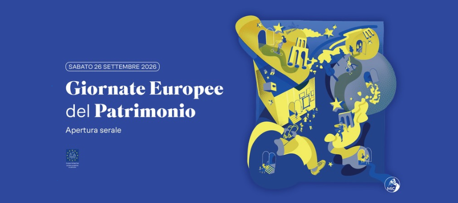 Illustrazione e scritta "Sabato 26 settembre 2026 Giornate Europee del patrimonio" Apertura serale