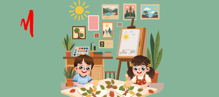 Illustrazione con due bambini che fanno un lavoro con le foglie